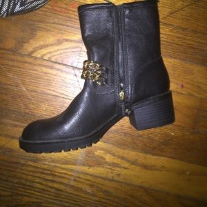 Black Combat Boots With Gold Chains .